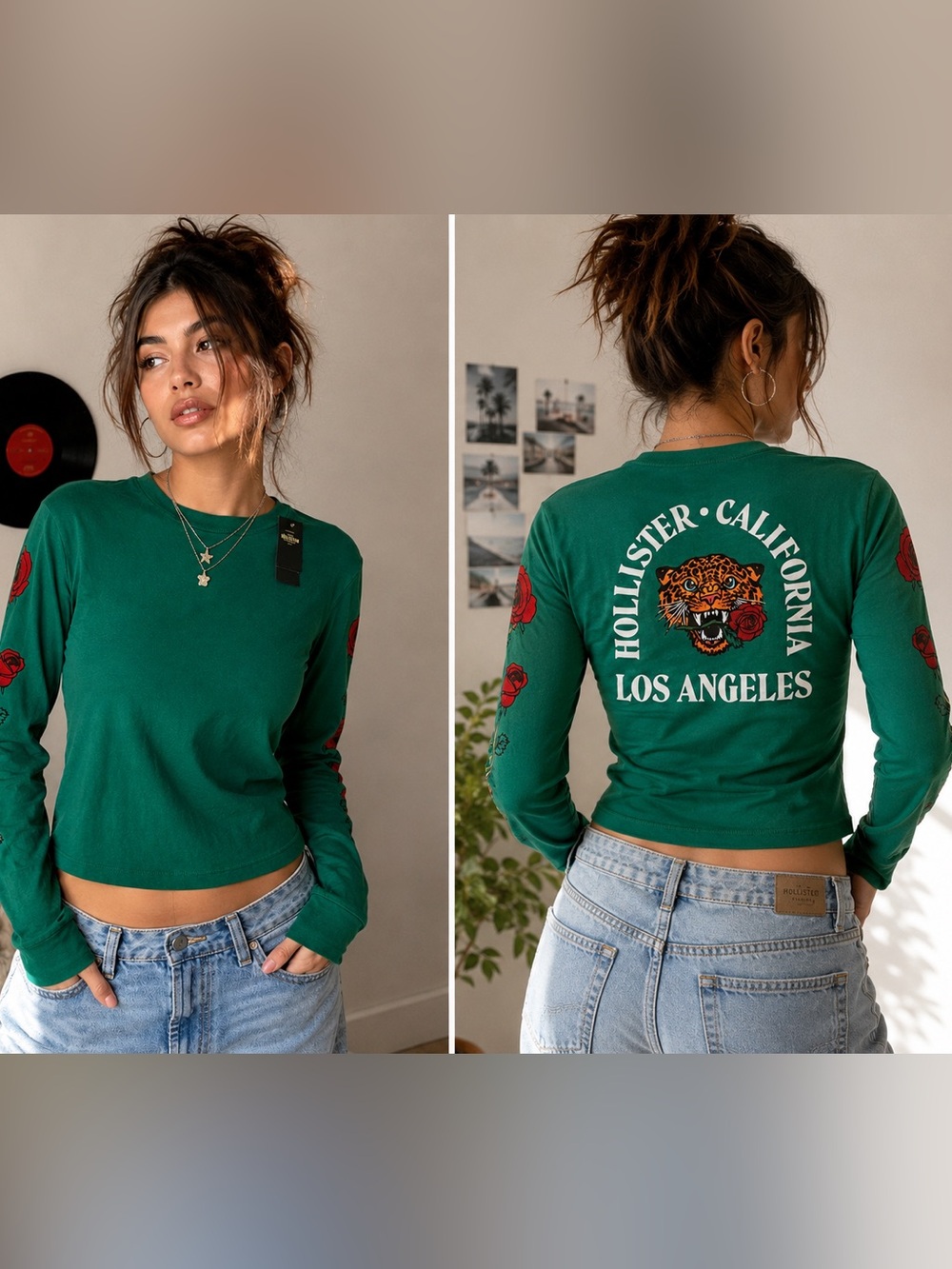 Hollister Women’s XS Green Rose Tiger Graphic Long Sleeve Tee NWT